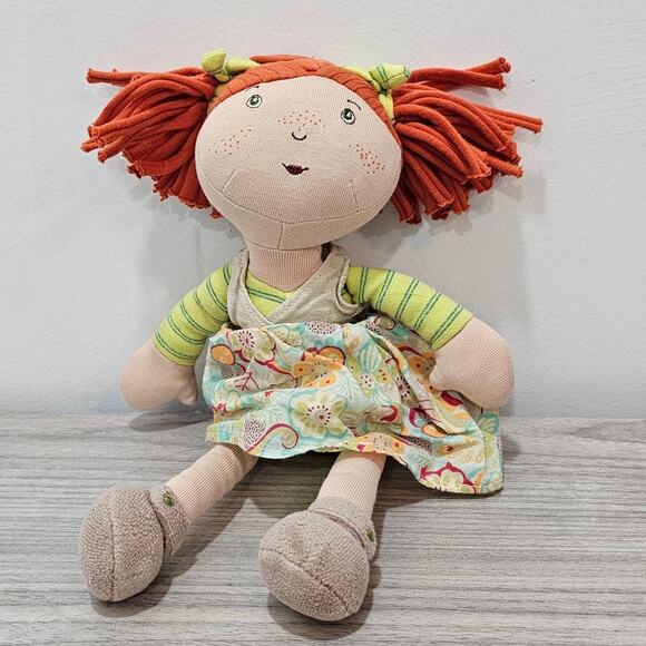 Moulin Roty Cloth Plush Doll Red Head Green Floral Dress Girls Play Ponytail - Picture 1 of 5